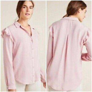 Anthropologie Cloth & Stone Pink Frayed Ruffle Shoulder Button Down Shirt